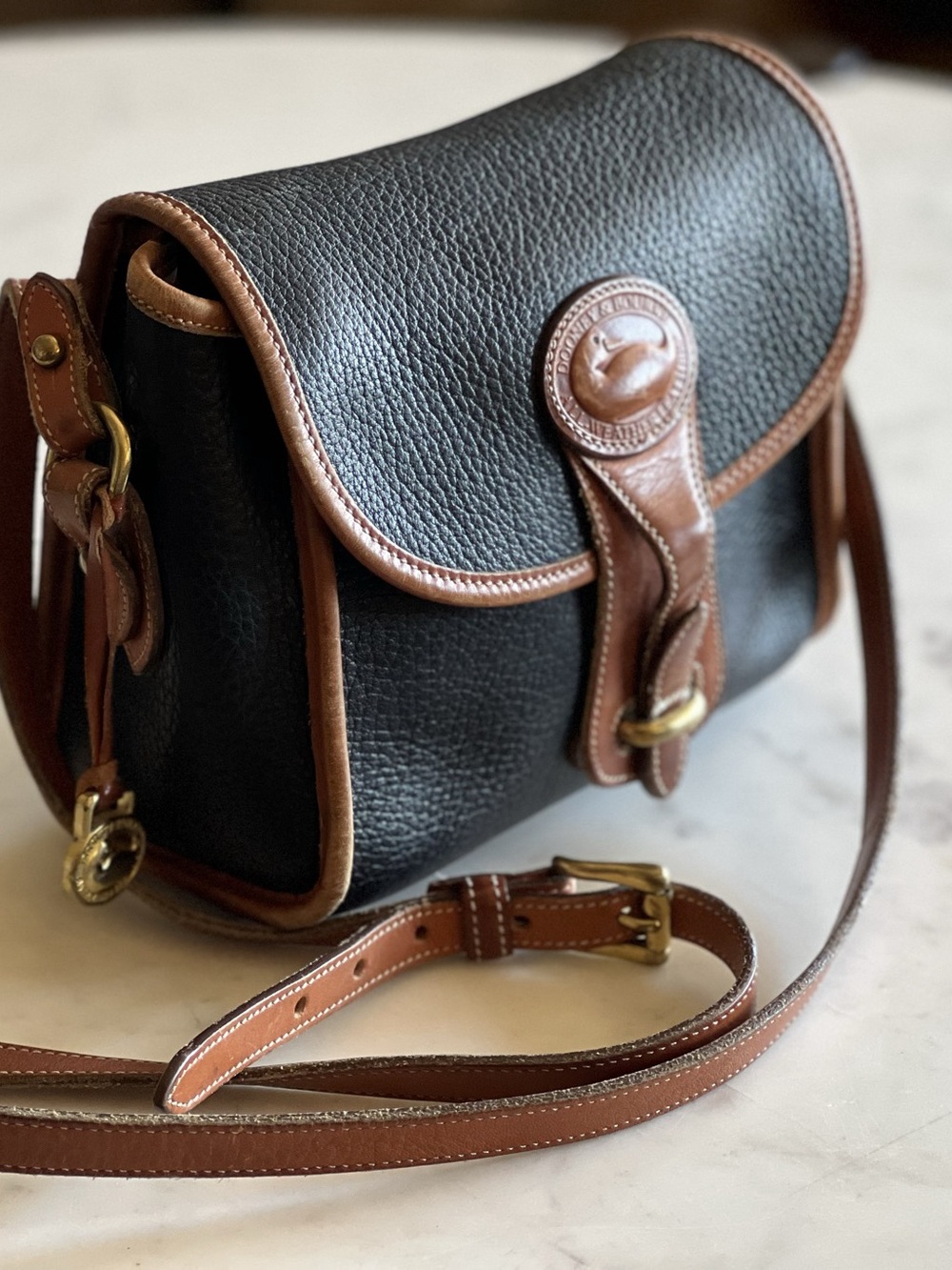 Vintage Dooney & Bourke All Weather Leather Equestrian Bag Black/Brown USA Made